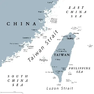 Taiwan Strait, separating Taiwan and continental Asia, gray political map